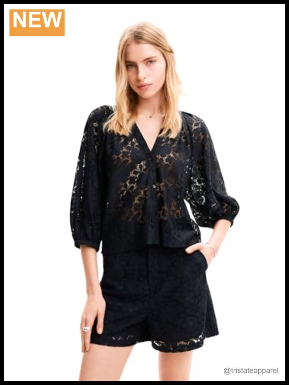 Desigual Women's Blouse Floral Lace V-Neck 3/4 Sleeve Button Front